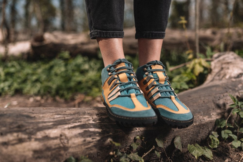 Eine Person, die die wasserfesten Sportschuhe SQOUT Blue Orange von ZAQQ trägt, steht auf einem großen Baumstamm. Die Beine, die von den Knien abwärts sichtbar sind, sind in dieser natürlichen, atmungsaktiven Umgebung von Grünpflanzen und Baumstämmen umgeben.