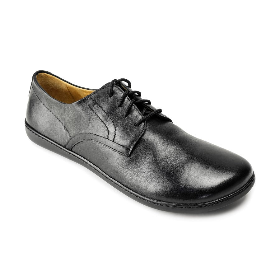 Der PEAQ Black von ZAQQ ist ein eleganter Leder-Business-Schuh in Schwarz mit Schnürung, der von der Seite und leicht von oben zu sehen ist. Dieser Schuh verfügt über ein schlankes Design mit glatter Oberfläche, einer dünnen Sohle und bietet den ganzen Tag über bequemen Tragekomfort.